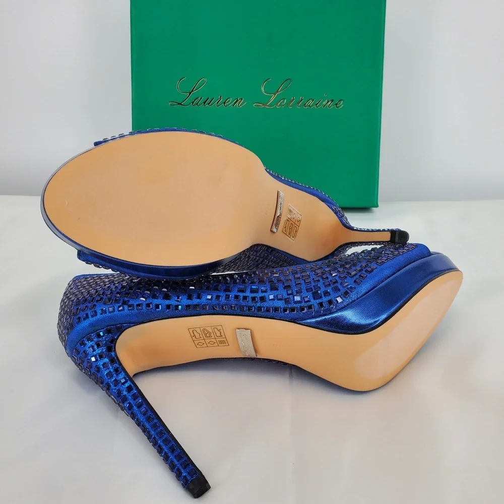 Lauren Lorraine Size 9.5 Candie 12 Rhinestone Peep Toe Platform Heels Navy Blue